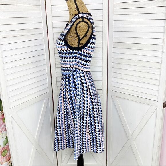 Susan Monaco Stitch Fix Geometric Print Fit & Flare Dress Blue Pink Small - Picture 2 of 12